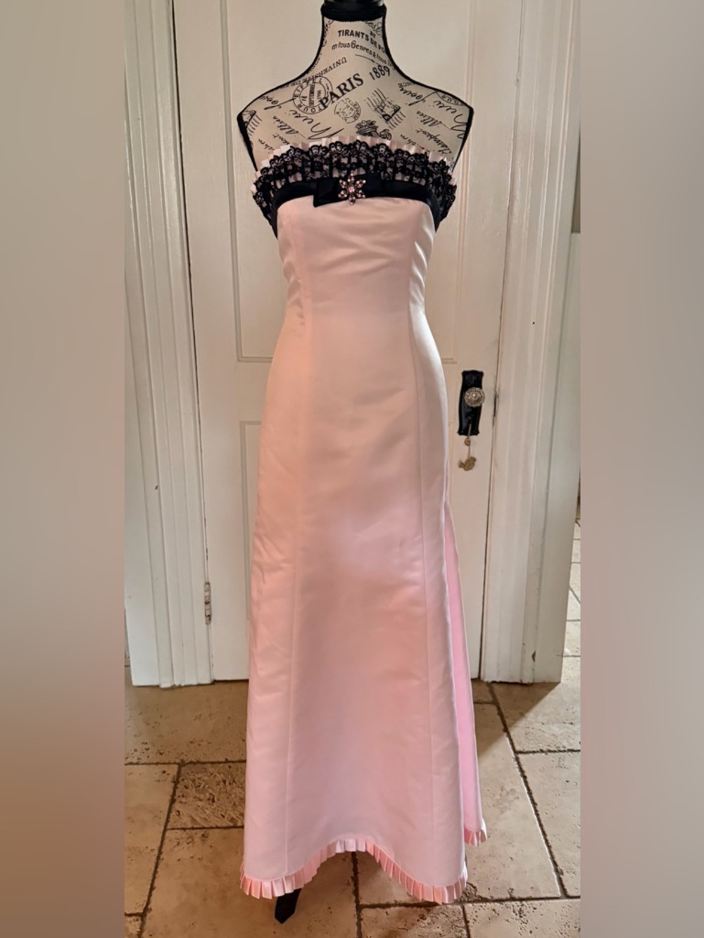 Gunne Sax Strapless Pink Satin Gown with Black Embellished Bust